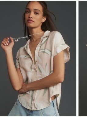 Anthropologie Cloth & Stone linen surf shirt cream green Pink Leaf New Large